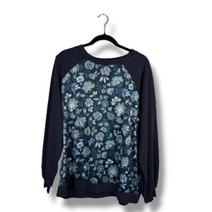 Jason Wu 1X Floral‎ Print Navy Blue Long Sleeve Crewneck Pullover Top